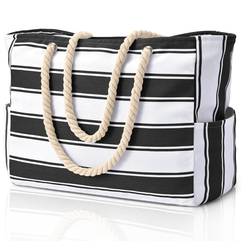 Becokan Large Beach Tote Bag - Waterproof Sandproof Swim Pool Bag - Black Stripe - Women's Unisex Adult - Canvas Utility Beach Gym Travel Shop Groceries Tote - Image 1