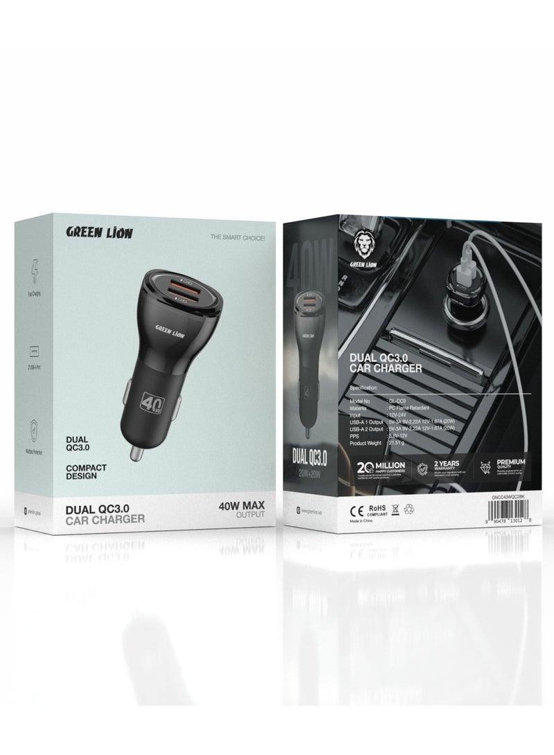 GREEN LION 40W Dual Port QC3.0 Car Charger / 2 USB-A Port / Fast Charging / PC Flame Retardant Material / Multiple Protection / Compact Design - Black - Image 3