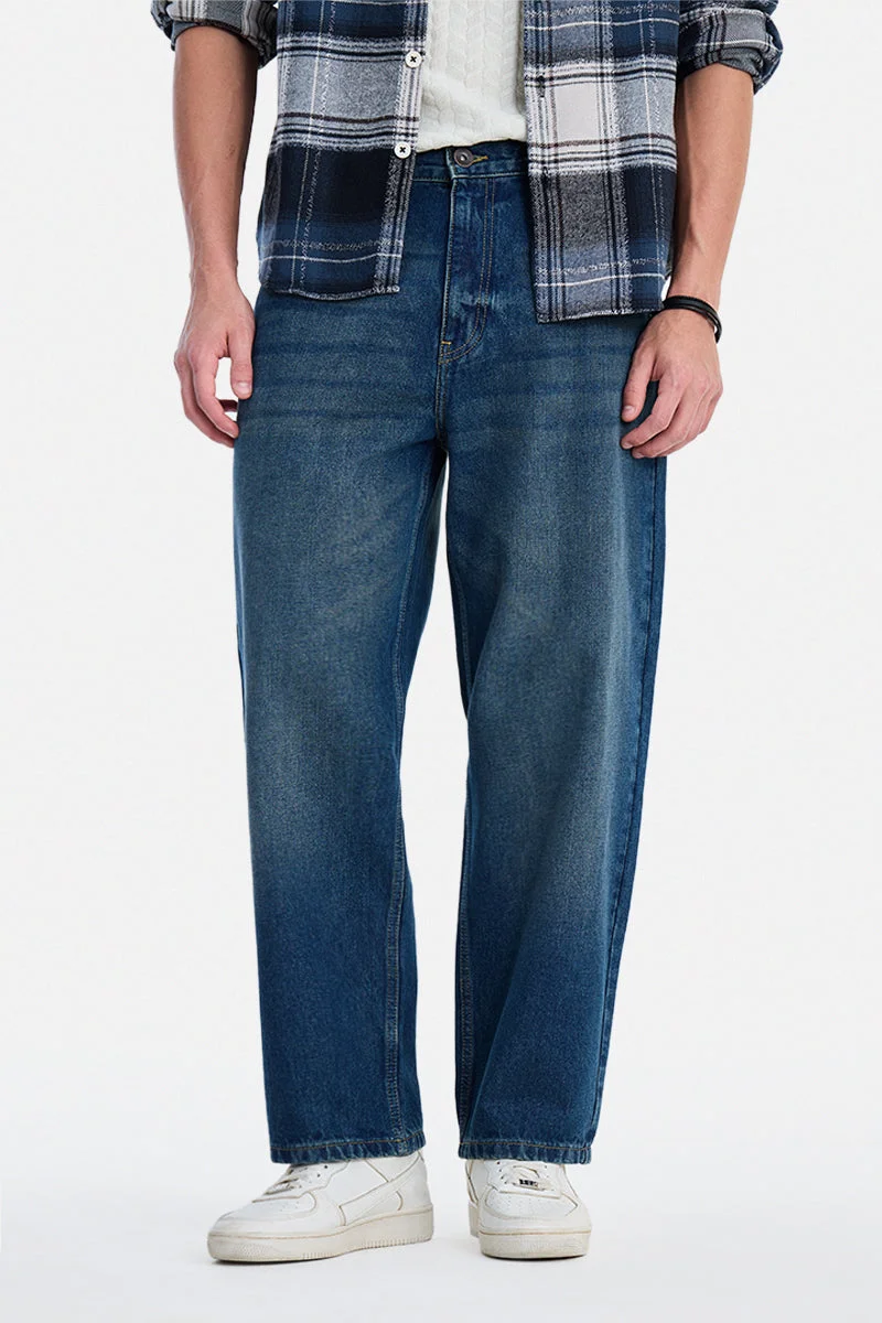 سنيتش Indigo Solid Wide Leg Streetwear Jeans