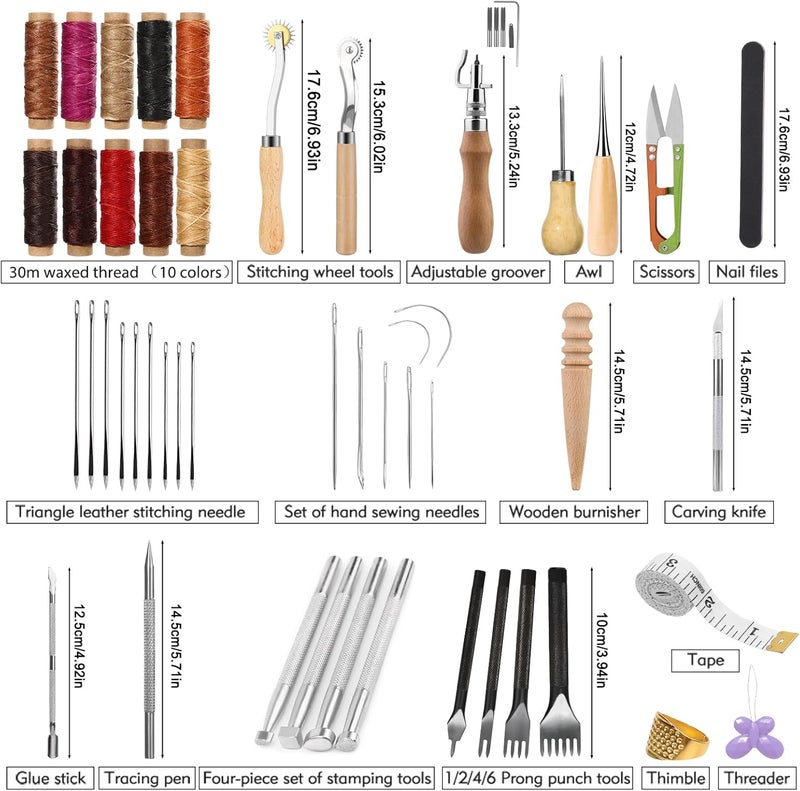 JUPEAN 60 Pcs Leather Working Tools Leather Sewing Kit Leather Craft Tools with Storage Bag Stamping Tools Stitching Groover Waxed Thread Prong Punch for Craft Making Stitching and Punching - Image 2