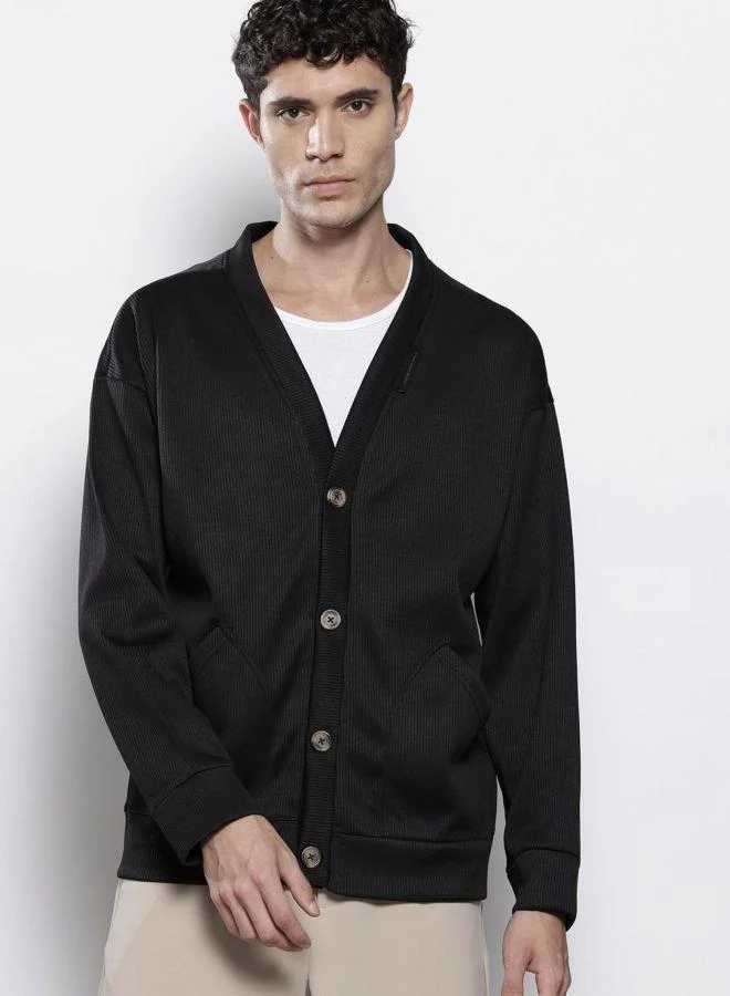 The Indian Garage Co Men Oversized Fit Self Design V-Neck Full Sleeves Sweatshirt