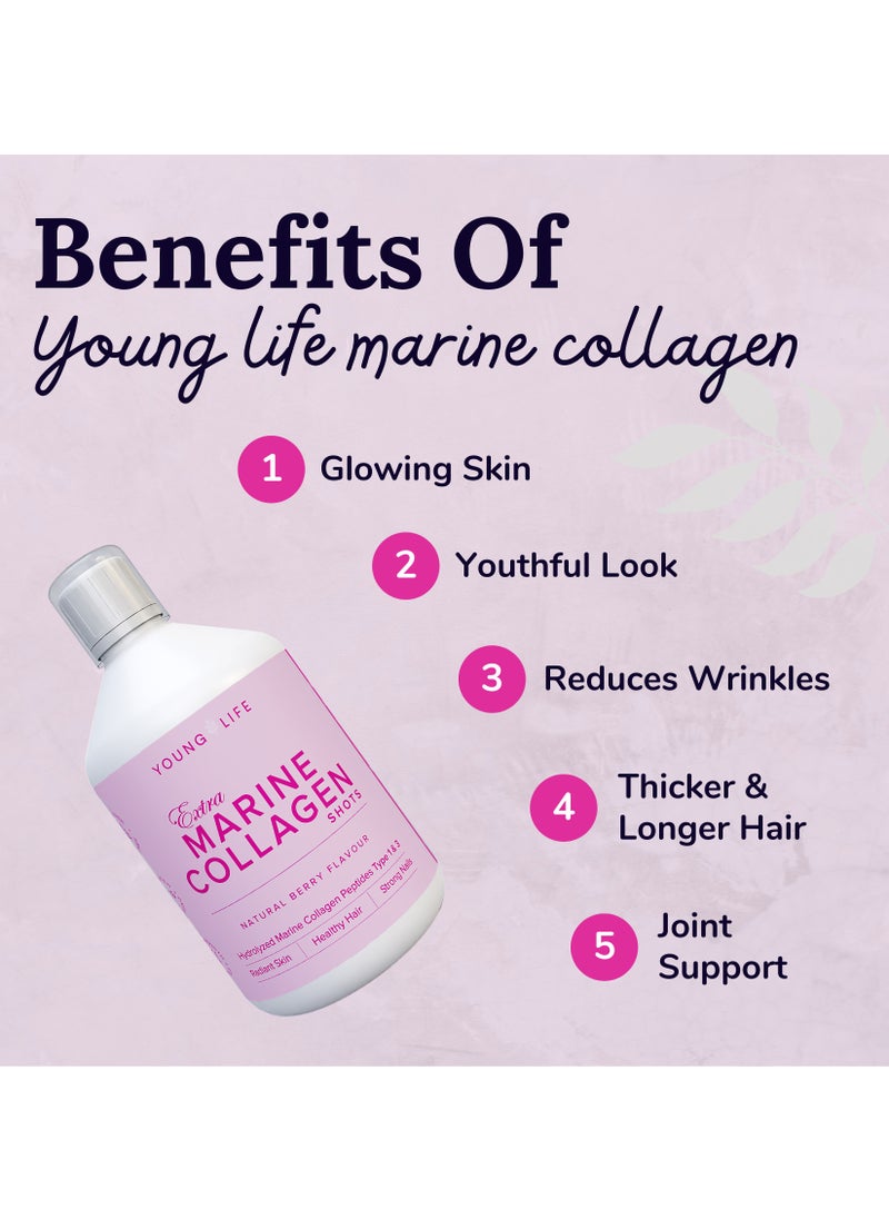 YOUNG LIFE - Extra Marine Collagen Shots 10,000mg | 500 ML | Premium Swedish Hydrolyzed Collagen Peptides Liquid | Biotin | Vit C, D, B6, B12 | Green Tea | Hyaluronic Acid | Sugar Free | GMO Free | Berry Flavor - Image 1