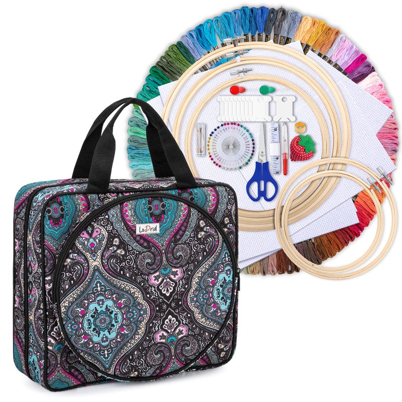 LoDrid Embroidery Kit Embroidery Project Bag with Embroidery Kit Portable Craft Carry Case with Starter Kit Embroidery Supplies Storage Bag and Cross Stitch Kits for Beginners Adults Totem