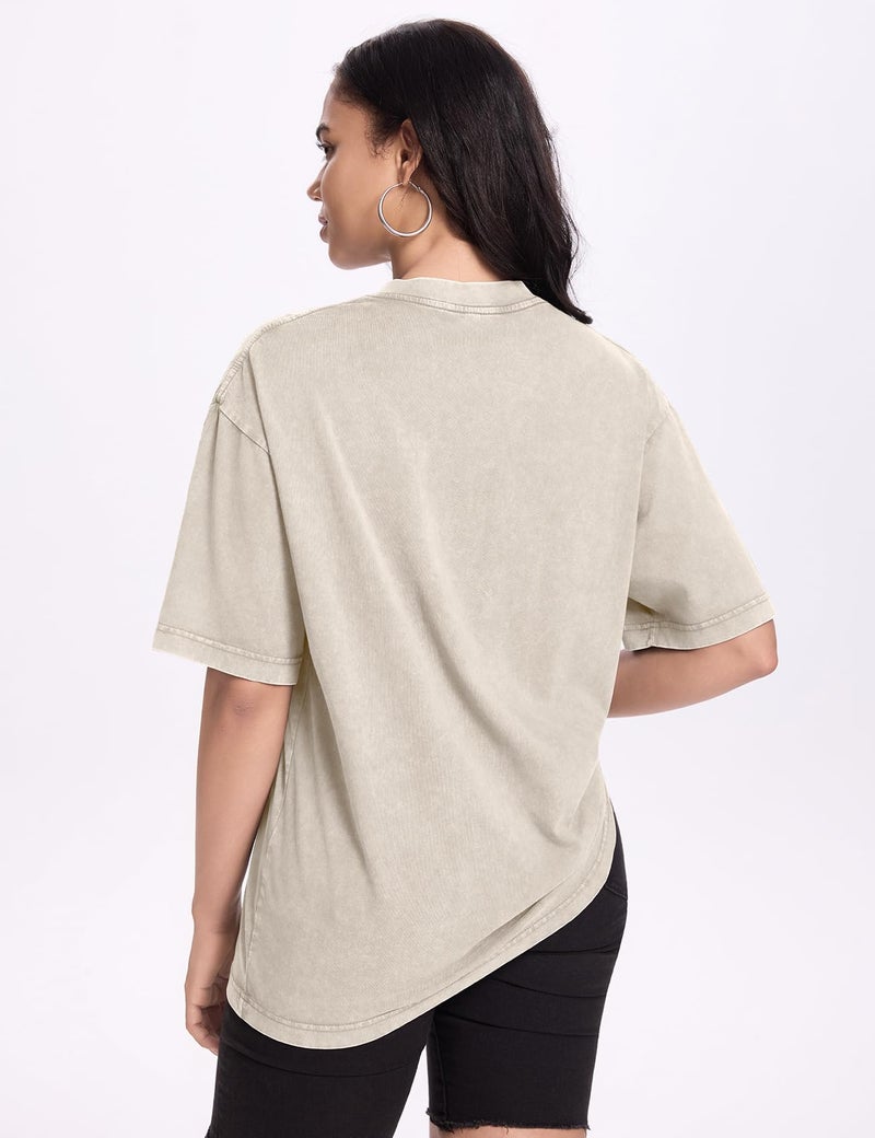 PEHMEA 3 Pcs Women's Oversized T-Shirts Cotton Short Sleeve Vintage Washed Baggy Boyfriend Streetwear Summer Tops(Beige+Grey+Khaki-L) - Image 2