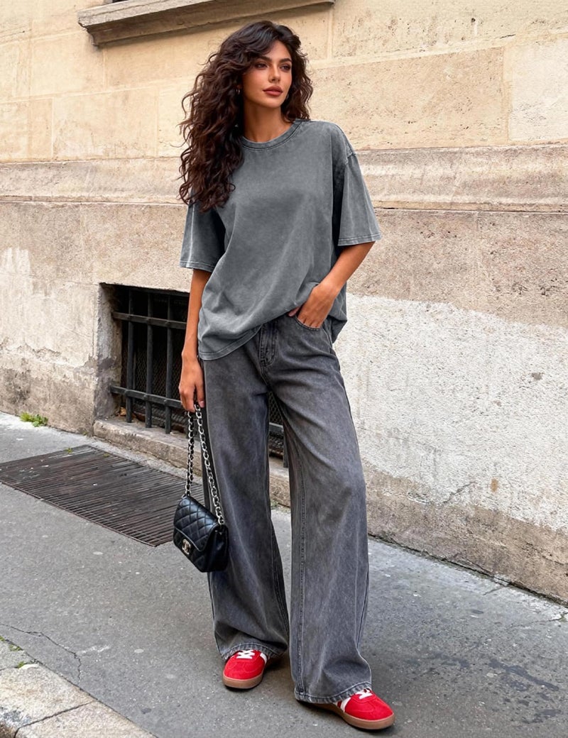 PEHMEA 3 Pcs Women's Oversized T-Shirts Cotton Short Sleeve Vintage Washed Baggy Boyfriend Streetwear Summer Tops(Beige+Grey+Khaki-L) - Image 5