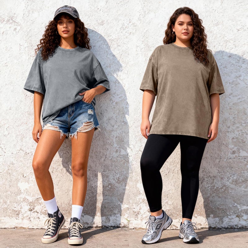 PEHMEA 3 Pcs Women's Oversized T-Shirts Cotton Short Sleeve Vintage Washed Baggy Boyfriend Streetwear Summer Tops(Beige+Grey+Khaki-L) - Image 3