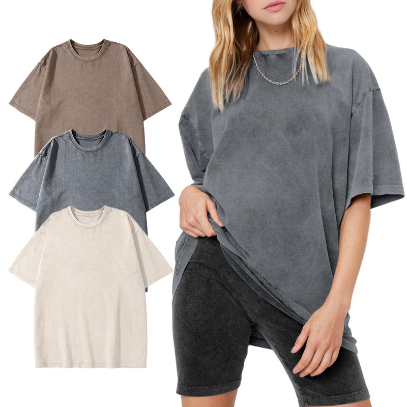 PEHMEA 3 Pcs Women's Oversized T-Shirts Cotton Short Sleeve Vintage Washed Baggy Boyfriend Streetwear Summer Tops(Beige+Grey+Khaki-L) - Image 1