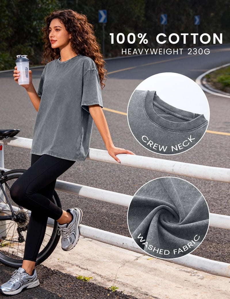 PEHMEA 3 Pcs Women's Oversized T-Shirts Cotton Short Sleeve Vintage Washed Baggy Boyfriend Streetwear Summer Tops(Beige+Grey+Khaki-L) - Image 4