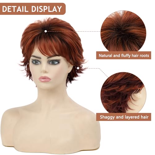 TISHINING Short Ombre Copper Pixie Cut Wigs for White Women Layered Copper Mixed Auburn Curly Wig with Bangs Natural Looking Synthetic Daily Party Wig - Image 3