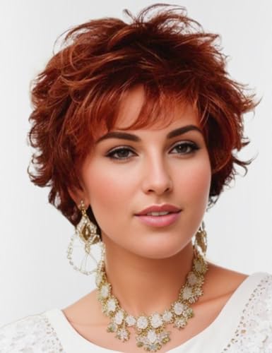 TISHINING Short Ombre Copper Pixie Cut Wigs for White Women Layered Copper Mixed Auburn Curly Wig with Bangs Natural Looking Synthetic Daily Party Wig - Image 1