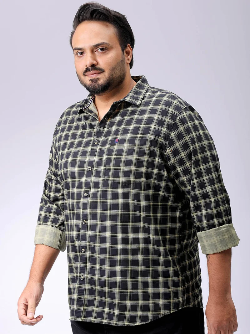 HARDSODA Men Plus Size Regular Fit Checkered Spread Collar Full Sleeves Casual Shirt