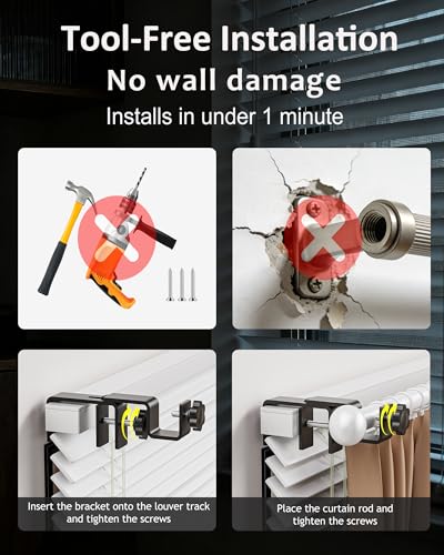 Mimiio No Drill Curtain Rod Brackets for Outside-Mount Blinds, Tool-Free Over-Blind Curtain Rod Holders, Fits 1-2" Rectangular Headrails, No Wall Damage, Renter Friendly Window Hardware, 2 Pack, Black - Image 3