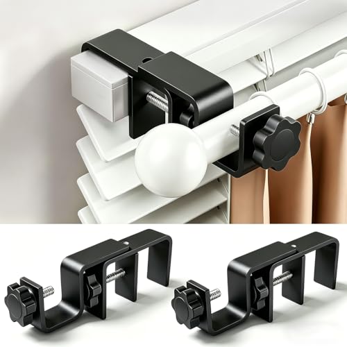 Mimiio No Drill Curtain Rod Brackets for Outside-Mount Blinds, Tool-Free Over-Blind Curtain Rod Holders, Fits 1-2" Rectangular Headrails, No Wall Damage, Renter Friendly Window Hardware, 2 Pack, Black - Image 1