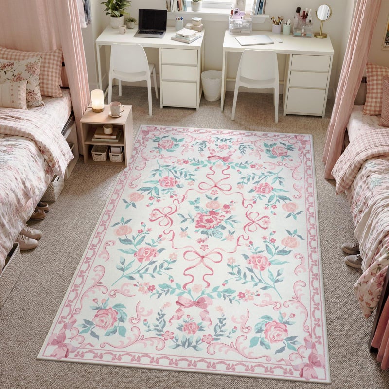 Collive Pink Floral Rugs for Bedroom Girls, 5x7 Bow Nursery Rug for Dorm Washable Area Rug for Living Room, Cute Ultra-Thin Non Slip Indoor Decor Carpet for Kids Room Playroom (Pink 5' x 7') - Image 2