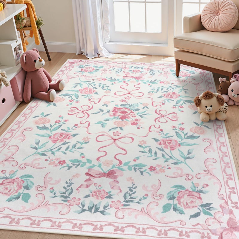 Collive Pink Floral Rugs for Bedroom Girls, 5x7 Bow Nursery Rug for Dorm Washable Area Rug for Living Room, Cute Ultra-Thin Non Slip Indoor Decor Carpet for Kids Room Playroom (Pink 5' x 7') - Image 1