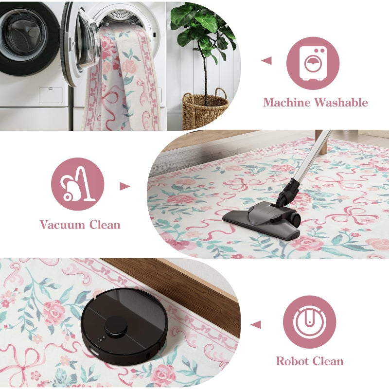 Collive Pink Floral Rugs for Bedroom Girls, 5x7 Bow Nursery Rug for Dorm Washable Area Rug for Living Room, Cute Ultra-Thin Non Slip Indoor Decor Carpet for Kids Room Playroom (Pink 5' x 7') - Image 4