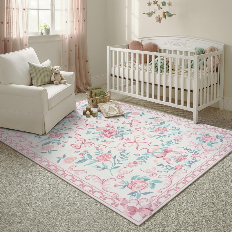 Collive Pink Floral Rugs for Bedroom Girls, 5x7 Bow Nursery Rug for Dorm Washable Area Rug for Living Room, Cute Ultra-Thin Non Slip Indoor Decor Carpet for Kids Room Playroom (Pink 5' x 7') - Image 3