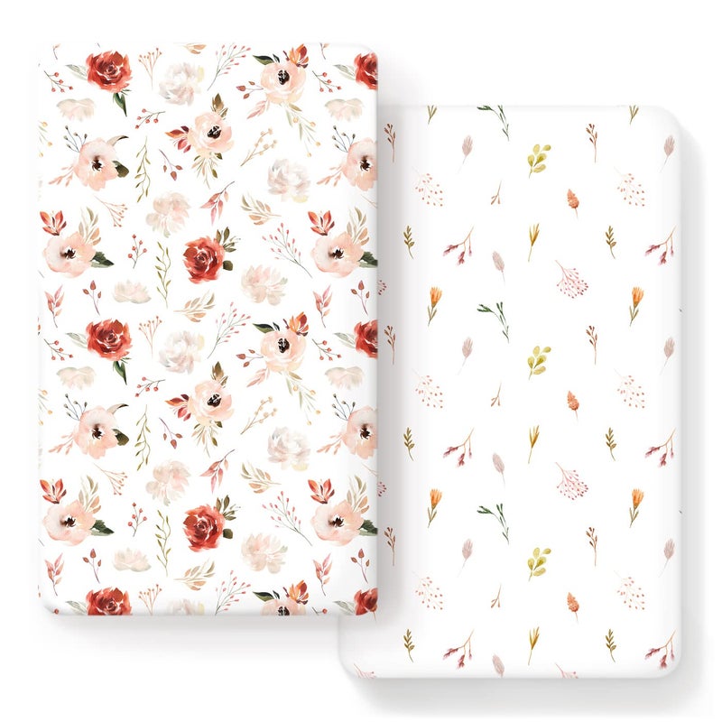 GRSSDER Ultra Soft Jersey Knit Fitted Crib Sheets 2 Pack Universal Fit Crib Mattress Pads Snug and Safe Breathable Crib Mattress Sheet for Baby Girls Pretty Watercolor Pink Rose Flora
