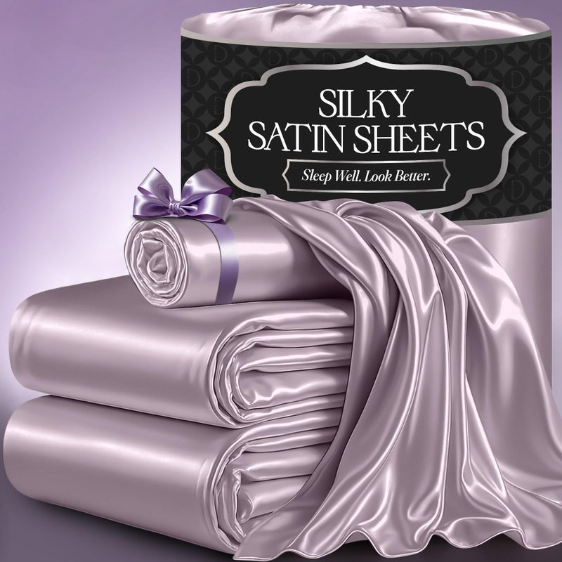 DECOLURE Satin Bed Sheets 3 Piece Luxury Silky Twin Size Bedding Set Softer Than Silk WrinkleFree with 15 Deep Pocket Fitted Sheet Perfect for Hair Skin Gifts for Women Lavender
