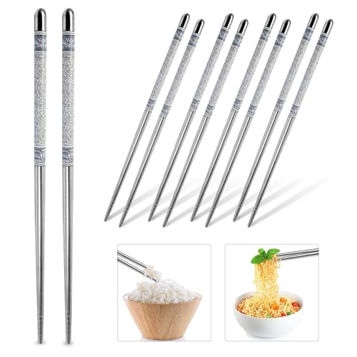 Karomouj KMA683 5 Pair Stainless Steel Plain Chopsticks Set Reusable Non-Slip Sticks Metal Chopsticks Easy to Use for Dinnerware,Noodles,Sushi (Multicolor,Set of 5) - Image 2