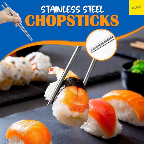 Karomouj KMA683 5 Pair Stainless Steel Plain Chopsticks Set Reusable Non-Slip Sticks Metal Chopsticks Easy to Use for Dinnerware,Noodles,Sushi (Multicolor,Set of 5) - Image 3