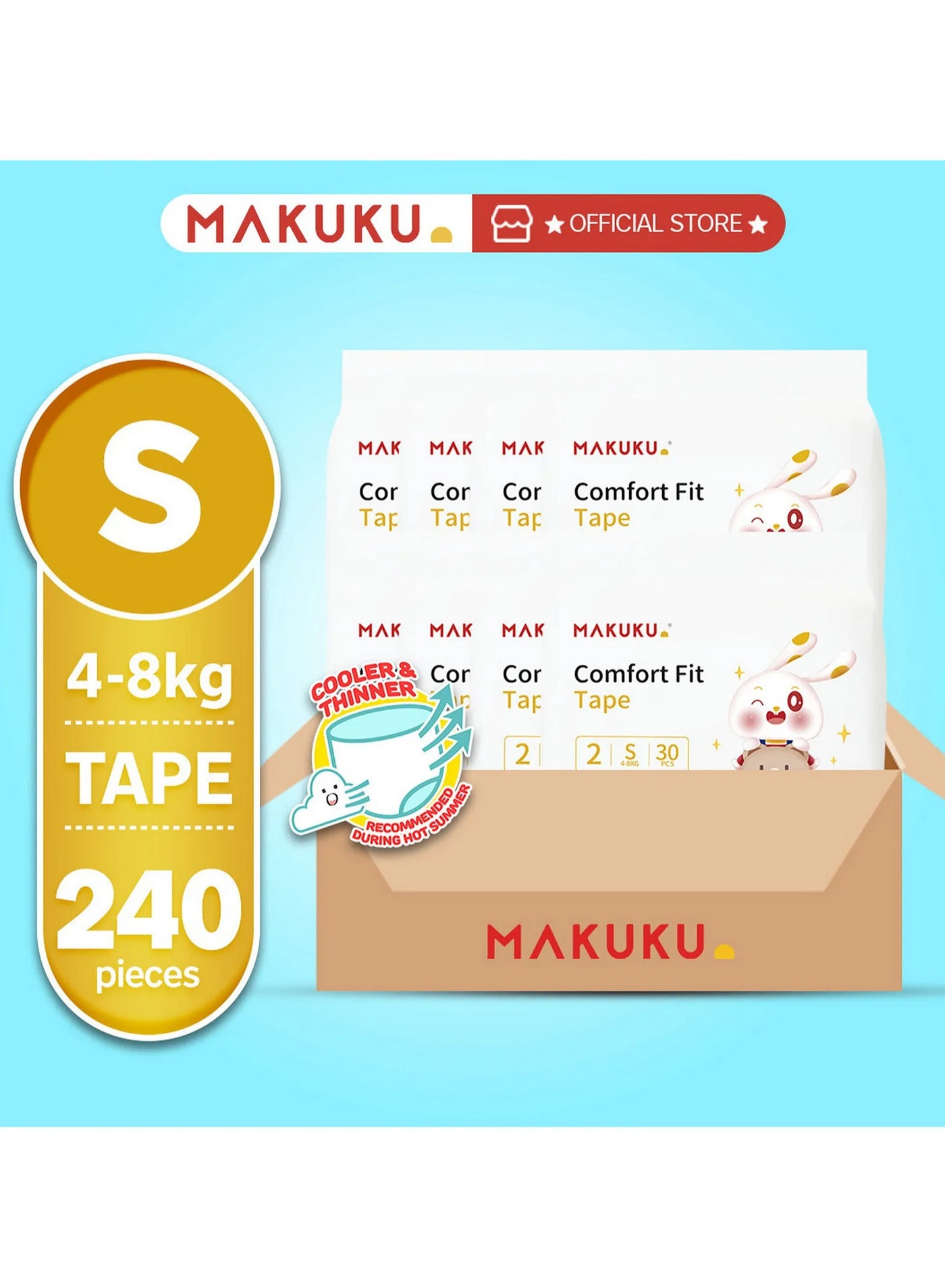 MAKUKU Comfort Fit Baby Tape Style Diapers Size 2, Leak-Proof Breathable Material, 8x30 Pcs, 4-8kg, 240 Diapers