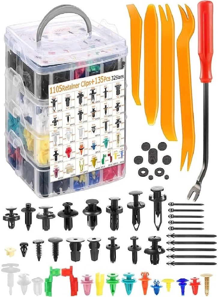 Upgraded 1240pcs Auto Push Retainer Clips and Auto Fasteners Kit - 32 Most Common Sizes Nylon Bumper Fender Rivets with 10 Cable Ties and Fastener Remover for Toyota, GM, Ford, Honda, Chevrolet - Image 1