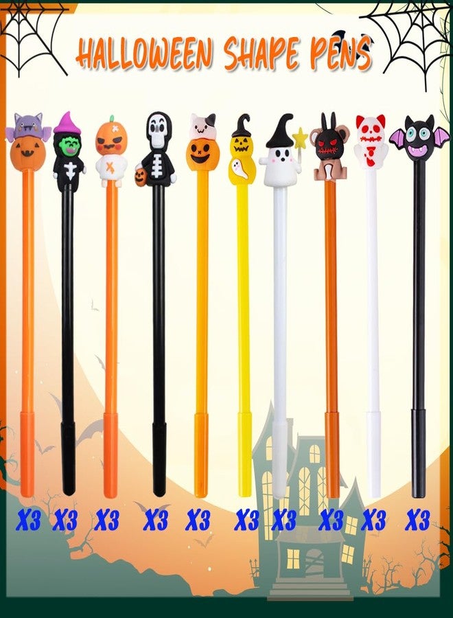 AWEELON 30 Pcs Halloween Pens, Pumpkin Skull Heads Ghost Bat Shape Pens,0.5 MM Bulk Black Rollerball Pen for Halloween Party Supplies School Office (10style) - Image 3