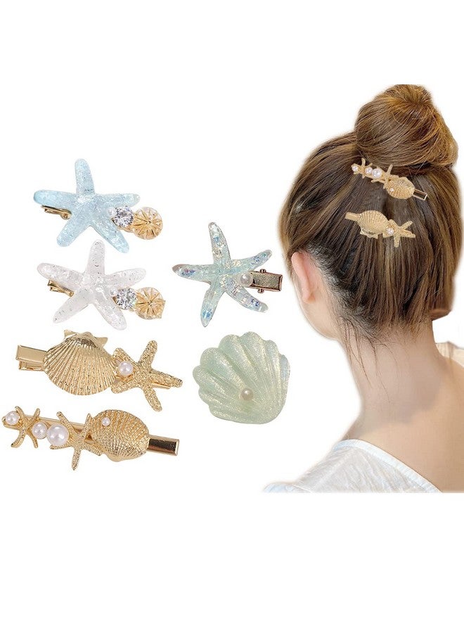 Aaiffey Shell Pearl Starfish Hair Clip Set For Women Girlssea Star Hair Pins Girls Cute Headwear Styling Tools Princess Hair Clips Hair Accessories 6 Pcs - Image 1