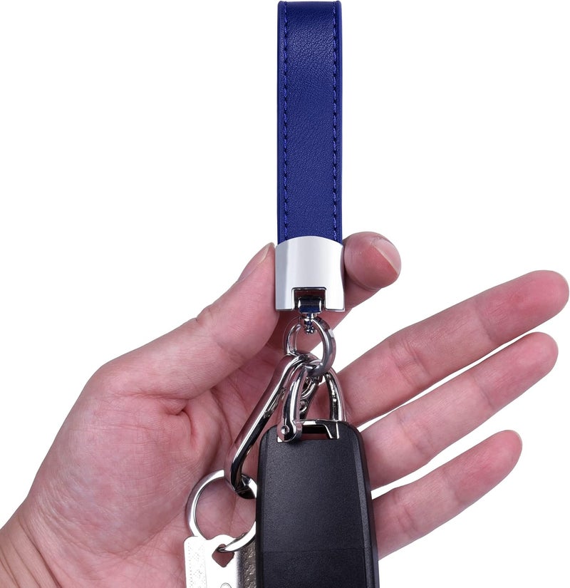 Wisdompro Genuine Leather Car Keychain with Anti-lost D-Ring and 3 Keyrings - Blue - Image 4