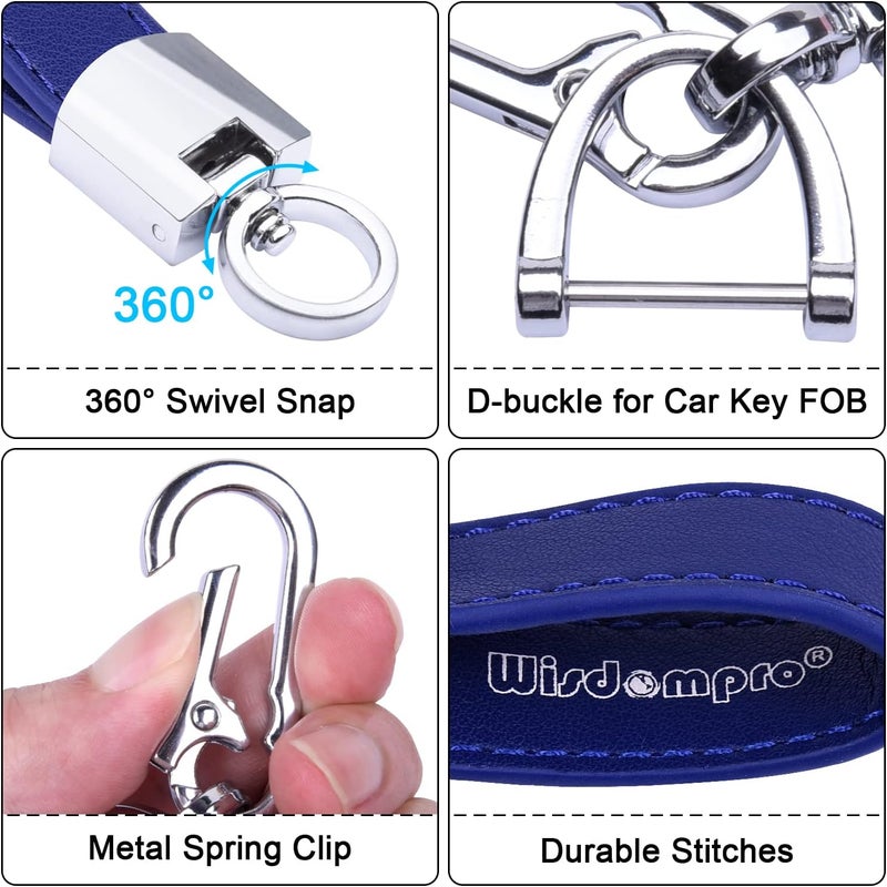 Wisdompro Genuine Leather Car Keychain with Anti-lost D-Ring and 3 Keyrings - Blue - Image 3