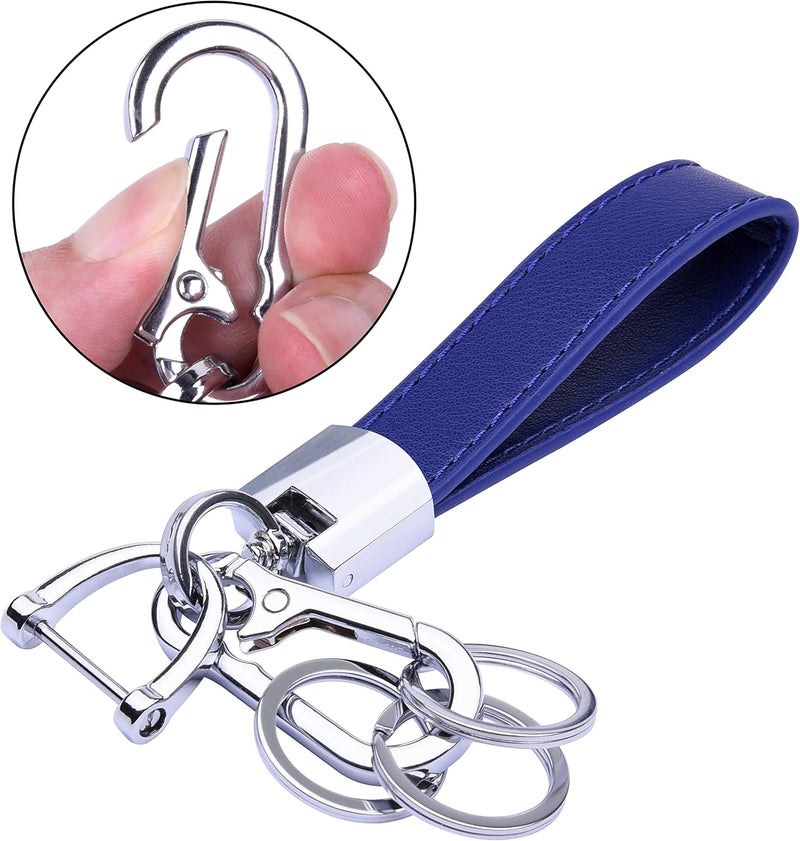 Wisdompro Genuine Leather Car Keychain with Anti-lost D-Ring and 3 Keyrings - Blue - Image 5