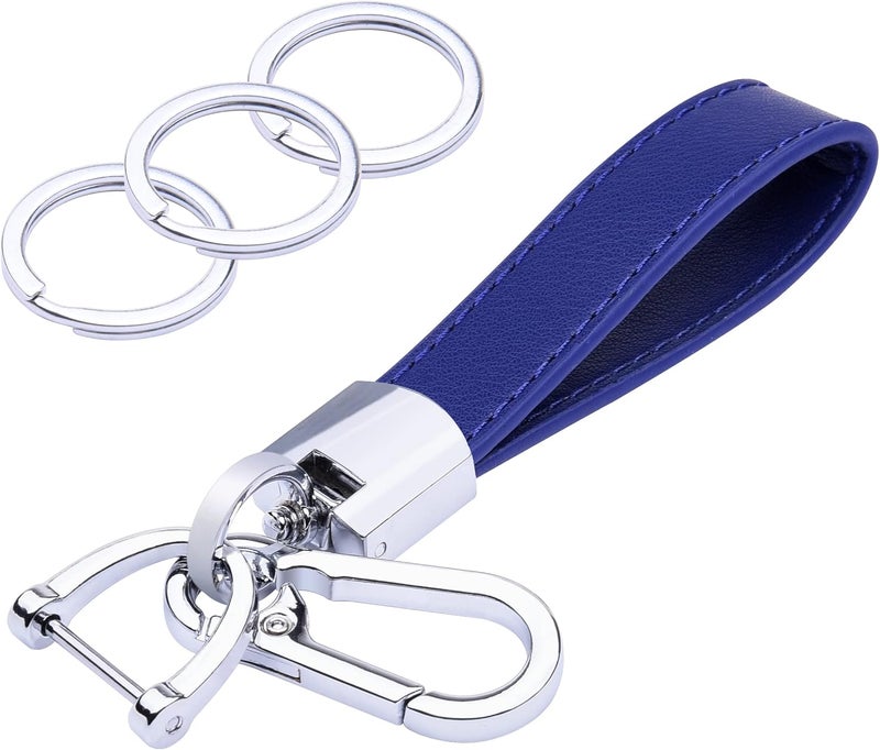 Wisdompro Genuine Leather Car Keychain with Anti-lost D-Ring and 3 Keyrings - Blue - Image 1