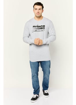 Men Crew Neck Long Sleeves Brand Logo Print T-Shirt, Grey
