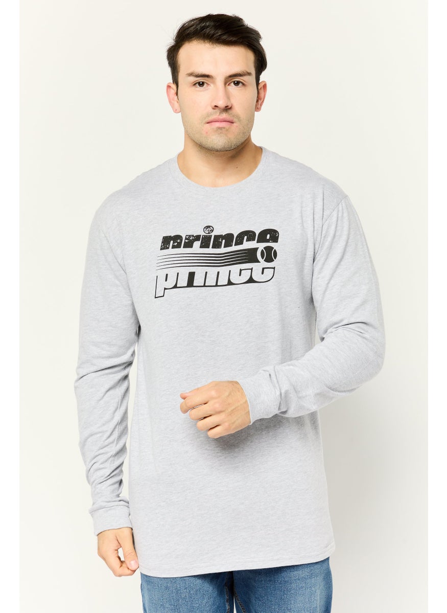 Prince - Men Crew Neck Long Sleeves Brand Logo Print T-Shirt, Grey - Image 1