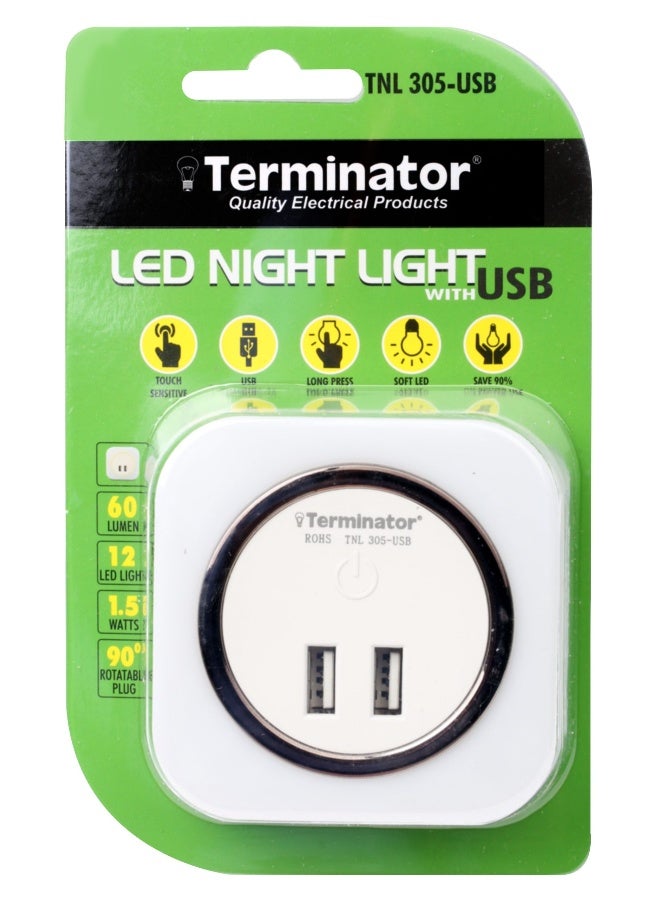 Terminator Dual USB Night Light - LED Wall Plug-in with 2 USB Charging Ports, Dimmable Ambient Lighting - Image 3