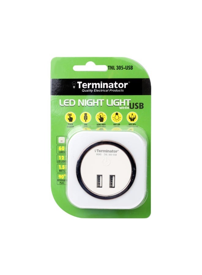 Terminator Dual USB Night Light - LED Wall Plug-in with 2 USB Charging Ports, Dimmable Ambient Lighting - Image 1