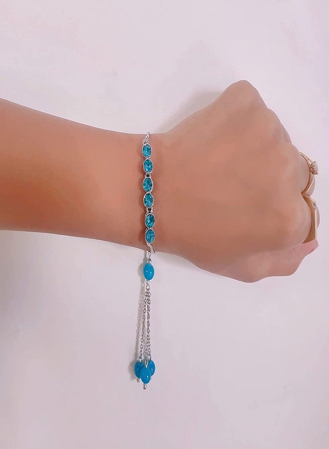 Mahi Rhodium Plated Blue Crystals Lumba Rakhi for Bhabhi (RAL1100675R) - Image 2