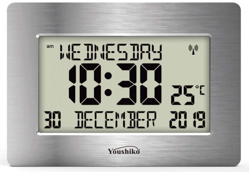 Youshiko Radio Controlled Silent Large LCD Wall Clock Offical UK Version Auto Set Up with Day Date Month Helpful for DEMENTIA  ALZHEIMER SUFFERERS Silver