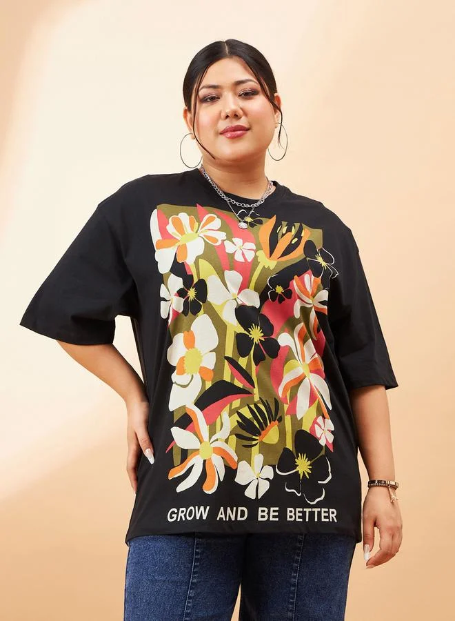 SASSAFRAS Plus Floral Graphic Print Drop Shoulder T-Shirt by Styli