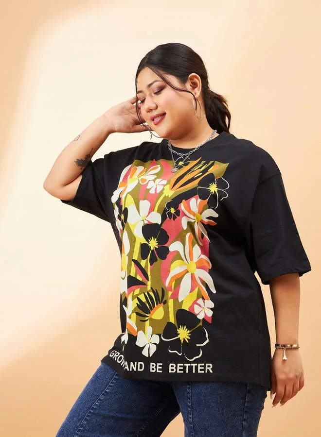 SASSAFRAS Plus Floral Graphic Print Drop Shoulder T-Shirt by Styli