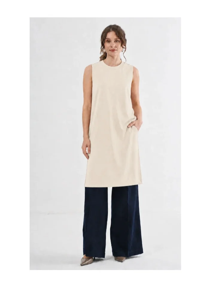 Minimal Sleeveless Longline Tunic - Beige