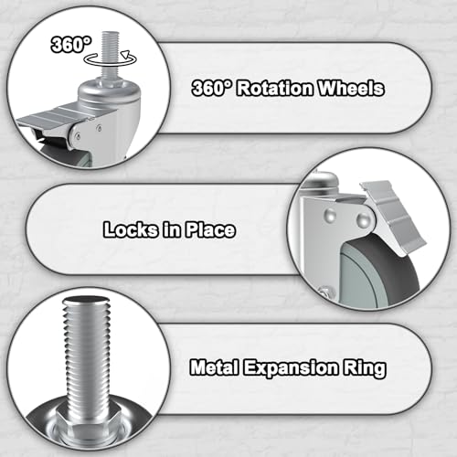 AAGUT 5 Inch Locking Swivel Casters 1/2"-13 x 1.5 Threaded Stem Wheels with Brake Grey TPR Rubber Wheel Set of 4 - Image 3