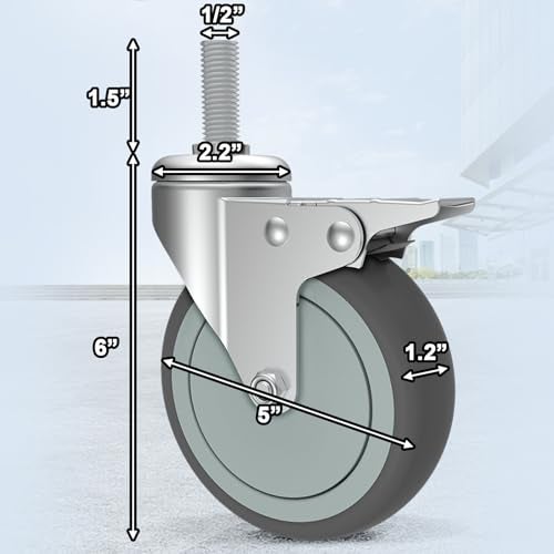 AAGUT 5 Inch Locking Swivel Casters 1/2"-13 x 1.5 Threaded Stem Wheels with Brake Grey TPR Rubber Wheel Set of 4 - Image 2