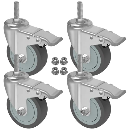 AAGUT 5 Inch Locking Swivel Casters 1/2"-13 x 1.5 Threaded Stem Wheels with Brake Grey TPR Rubber Wheel Set of 4 - Image 1