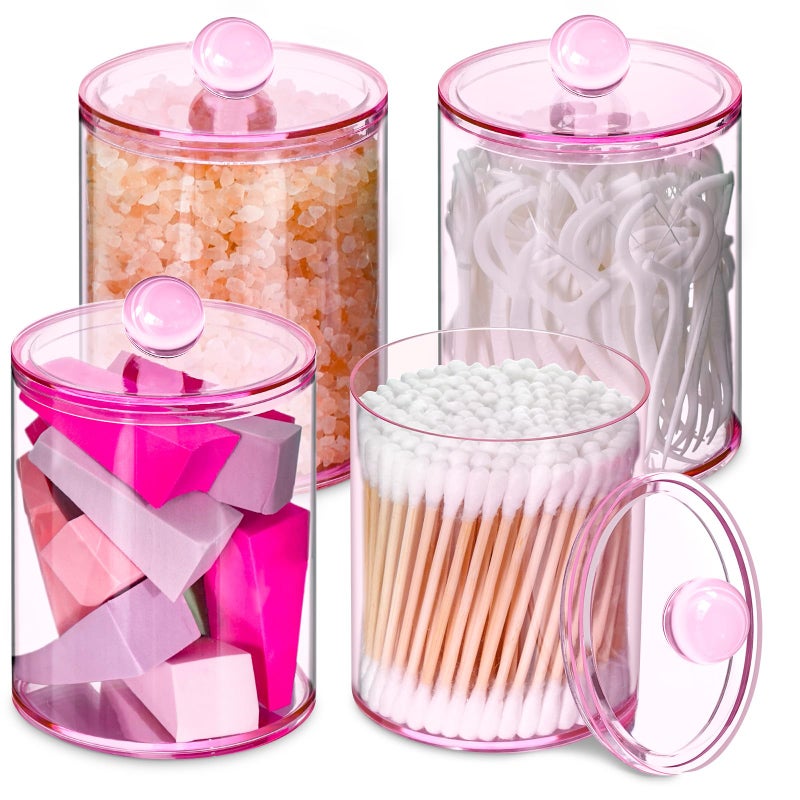 XIPENGKEJI 4 Pack Qtip Holder,Canister Apothecary Jar Set, Bathroom Jars with Lids Set for Cotton Swabs, Balls, Pads, Floss Picks,10oz-12oz Plastic Canisters Restroom Bedroom Vanity Organizer(Pink) - Image 1