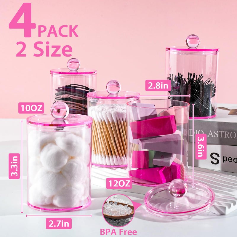 XIPENGKEJI 4 Pack Qtip Holder,Canister Apothecary Jar Set, Bathroom Jars with Lids Set for Cotton Swabs, Balls, Pads, Floss Picks,10oz-12oz Plastic Canisters Restroom Bedroom Vanity Organizer(Pink) - Image 2