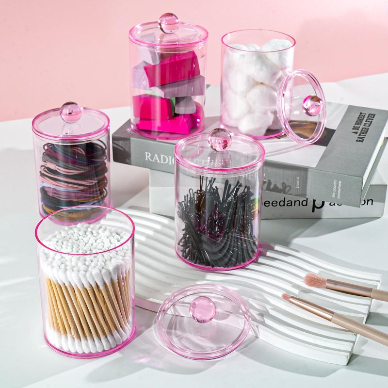 XIPENGKEJI 4 Pack Qtip Holder,Canister Apothecary Jar Set, Bathroom Jars with Lids Set for Cotton Swabs, Balls, Pads, Floss Picks,10oz-12oz Plastic Canisters Restroom Bedroom Vanity Organizer(Pink) - Image 5