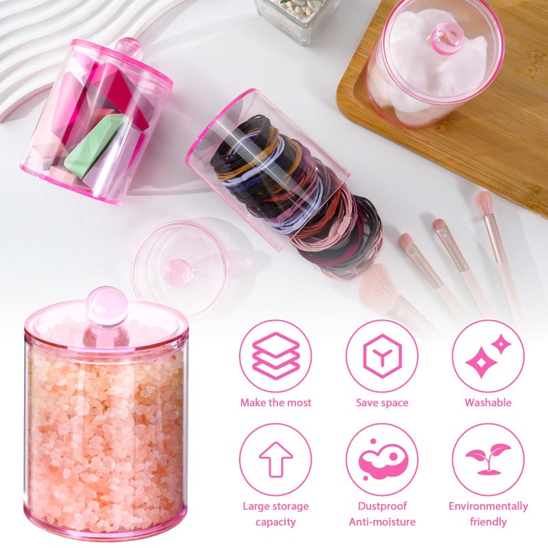 XIPENGKEJI 4 Pack Qtip Holder,Canister Apothecary Jar Set, Bathroom Jars with Lids Set for Cotton Swabs, Balls, Pads, Floss Picks,10oz-12oz Plastic Canisters Restroom Bedroom Vanity Organizer(Pink) - Image 3