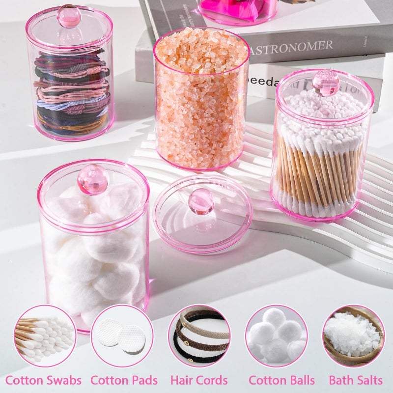 XIPENGKEJI 4 Pack Qtip Holder,Canister Apothecary Jar Set, Bathroom Jars with Lids Set for Cotton Swabs, Balls, Pads, Floss Picks,10oz-12oz Plastic Canisters Restroom Bedroom Vanity Organizer(Pink) - Image 4